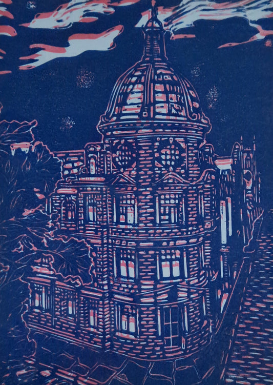 Original Hand Carved Lino Print - The Academy