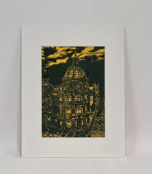 Original Hand Carved Lino Print - The Academy