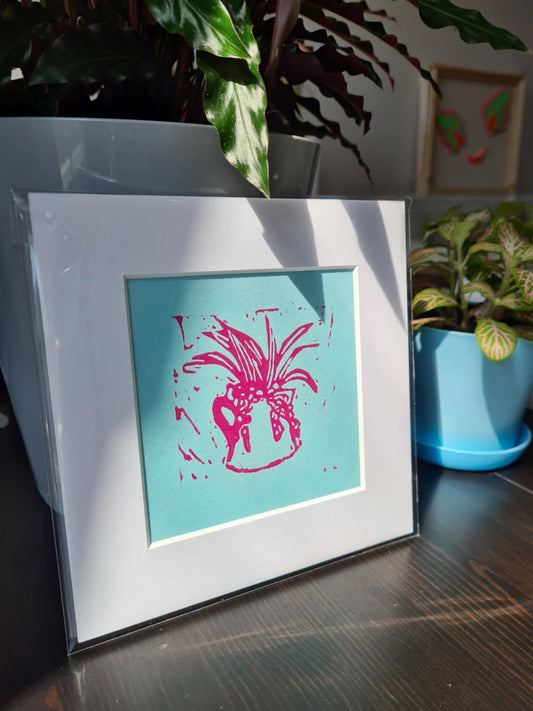 Original Hand Carved Lino Print - Flower Jug